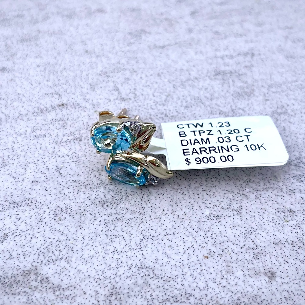 Blue Topaz, Diamond, 10K Yellow Gold Earrings